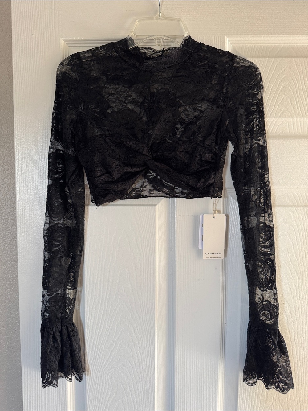 Commense Black Lace Twist-Front Long Sleeve Crop Top